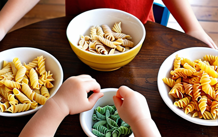 A toddler sorting colorful pasta shapes (shells, rotini, penne) into different small bowls on a wooden table. Close-up shot, focusing on the child's hands and the textures of the pasta. Soft, natural lighting.