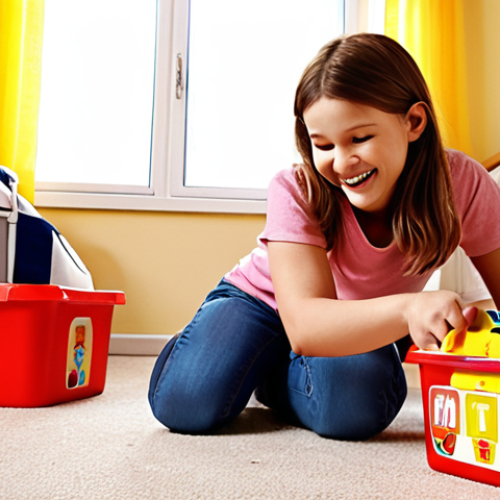 Home 8 **Image Prompt:** A brightly lit children's room, slightly messy but organized with colorful labeled containers and boxes. A young child (around 5 years old) is smiling as they place a toy car into a container marked with a car sticker. In the background, a mother figure is clapping and smiling, offering encouragement. Style: Warm, cheerful, and slightly cartoonish, like a scene from a popular Russian children's animation.