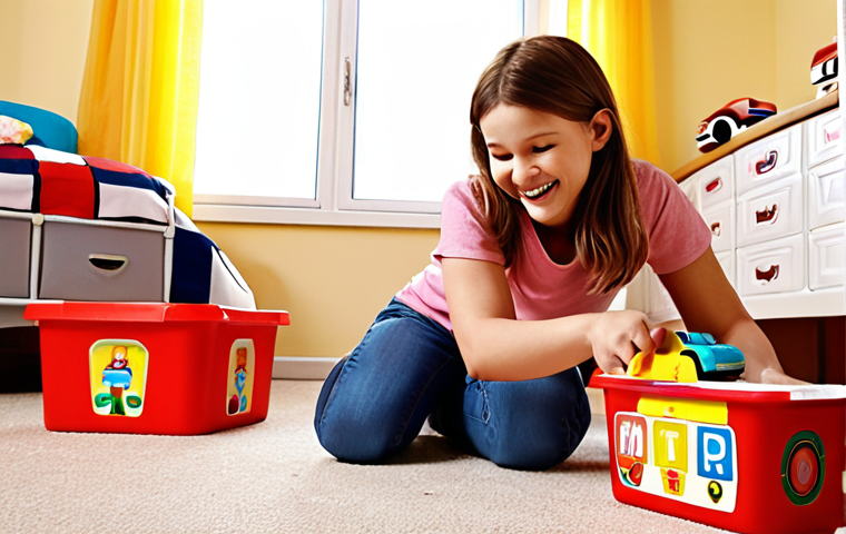 **Image Prompt:** A brightly lit children's room, slightly messy but organized with colorful labeled containers and boxes. A young child (around 5 years old) is smiling as they place a toy car into a container marked with a car sticker. In the background, a mother figure is clapping and smiling, offering encouragement. Style: Warm, cheerful, and slightly cartoonish, like a scene from a popular Russian children's animation.