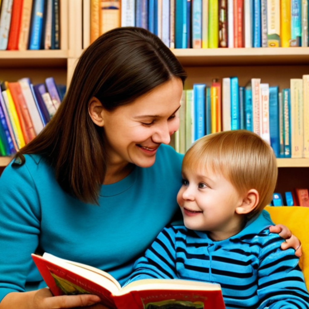 A warm, inviting scene of a Russian mother and her young child (around 3-5 years old) sharing a physical storybook in a cozy reading nook. The child, fully clothed in comfortable, modest attire, gently touches the textured page of a brightly illustrated children's book. The mother, also fully clothed in appropriate, casual wear, smiles softly, pointing to a picture on the page, fostering interaction. The background features soft, warm lighting, shelves filled with books, and comfortable pillows, creating a family-friendly atmosphere. This moment highlights tactile experience and quiet bonding. safe for work, appropriate content, perfect anatomy, correct proportions, natural pose, well-formed hands, proper finger count, natural body proportions, professional photography, high quality.