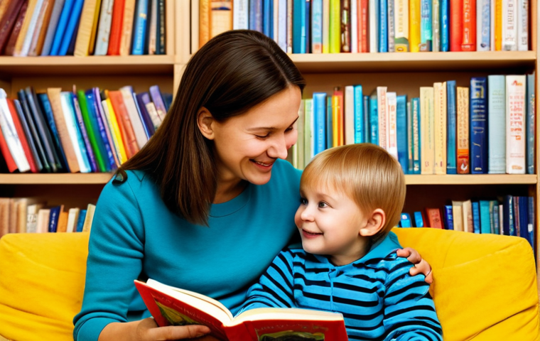 A warm, inviting scene of a Russian mother and her young child (around 3-5 years old) sharing a physical storybook in a cozy reading nook. The child, fully clothed in comfortable, modest attire, gently touches the textured page of a brightly illustrated children's book. The mother, also fully clothed in appropriate, casual wear, smiles softly, pointing to a picture on the page, fostering interaction. The background features soft, warm lighting, shelves filled with books, and comfortable pillows, creating a family-friendly atmosphere. This moment highlights tactile experience and quiet bonding. safe for work, appropriate content, perfect anatomy, correct proportions, natural pose, well-formed hands, proper finger count, natural body proportions, professional photography, high quality.