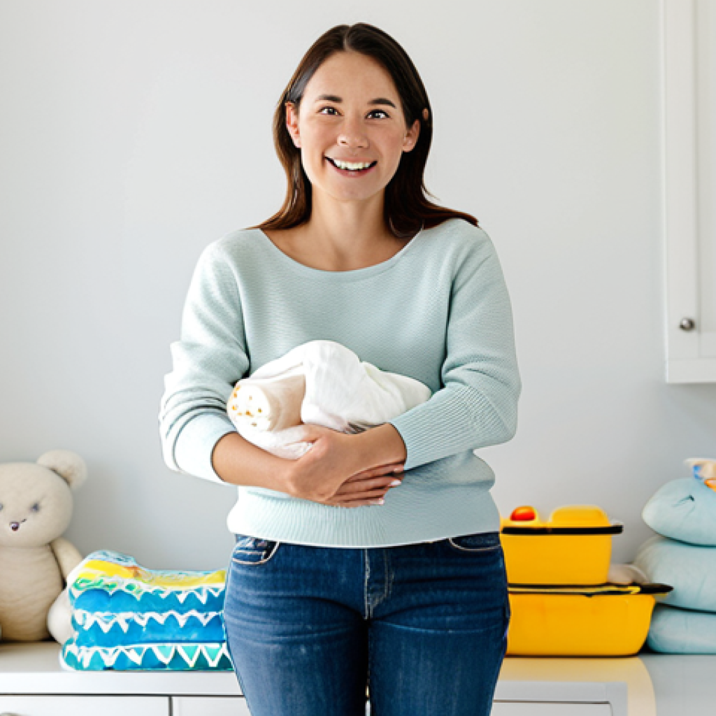 A serene and well-prepared young mother, with a warm, gentle expression. She is dressed in comfortable, modest everyday attire, such as a soft sweater and jeans. She stands beside an open, organized diaper bag on a clean, light-colored surface in a modern, brightly lit home. Various baby essentials are neatly arranged within the bag or beside it, including a stack of fresh diapers, a small pack of wet wipes, a baby bottle filled with water, and a tiny, safe plush toy. Professional photography, natural light, soft focus. fully clothed, modest clothing, appropriate attire, safe for work, appropriate content, family-friendly, perfect anatomy, correct proportions, natural pose, well-formed hands, proper finger count, natural body proportions, high quality.