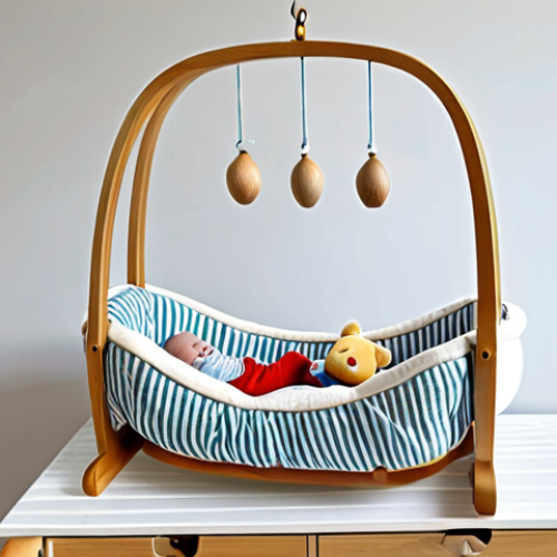 Focus on Safety & Comfort**

A cozy baby cradle in a well-lit nursery. The cradle is made of natural wood with soft, breathable cotton bedding.  A mobile with plush toys hangs above.  Emphasis on the sturdy construction, smooth edges, and hypoallergenic materials. Fully clothed baby peacefully sleeping inside.  Safe for work. Appropriate content. Professional photo, perfect anatomy, correct proportions, natural pose, well-formed hands, proper finger count, natural body proportions, modest, family-friendly, professional.

**