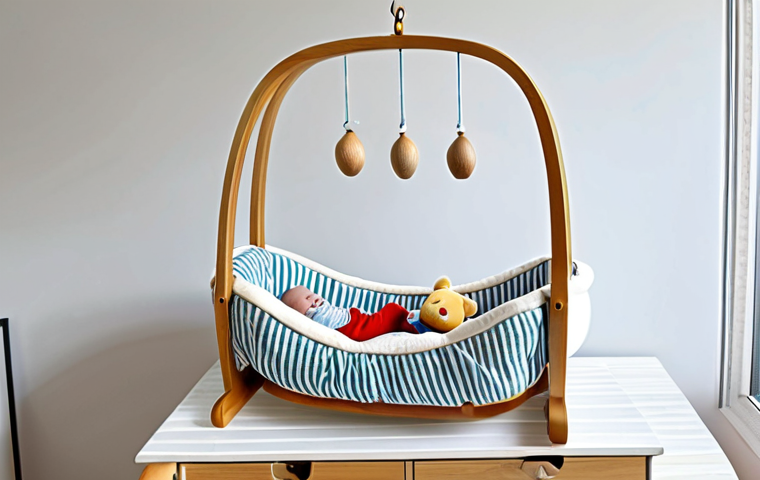 Focus on Safety & Comfort**

A cozy baby cradle in a well-lit nursery. The cradle is made of natural wood with soft, breathable cotton bedding.  A mobile with plush toys hangs above.  Emphasis on the sturdy construction, smooth edges, and hypoallergenic materials. Fully clothed baby peacefully sleeping inside.  Safe for work. Appropriate content. Professional photo, perfect anatomy, correct proportions, natural pose, well-formed hands, proper finger count, natural body proportions, modest, family-friendly, professional.

**