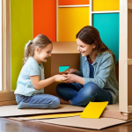 아기와 놀이교구 DIY - **Prompt 1: A heartwarming scene of a parent and child (around 4-6 years old) collaboratively buildi...
