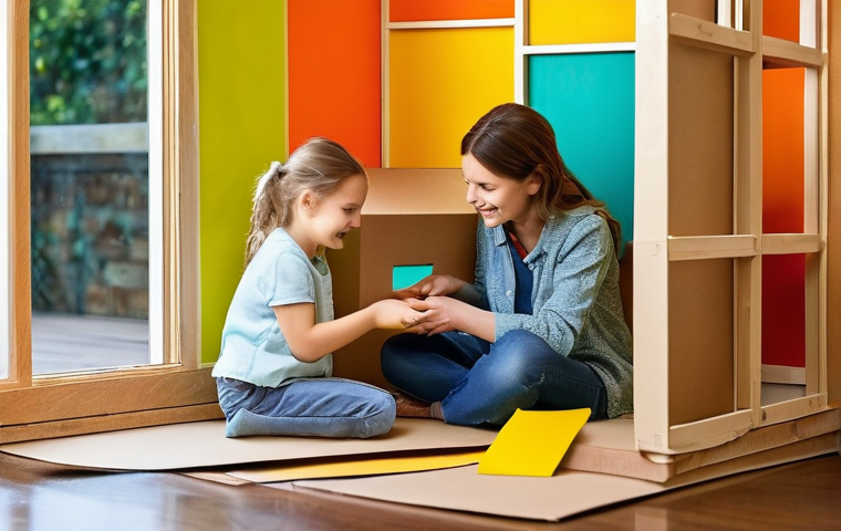 아기와 놀이교구 DIY - **Prompt 1: A heartwarming scene of a parent and child (around 4-6 years old) collaboratively buildi...