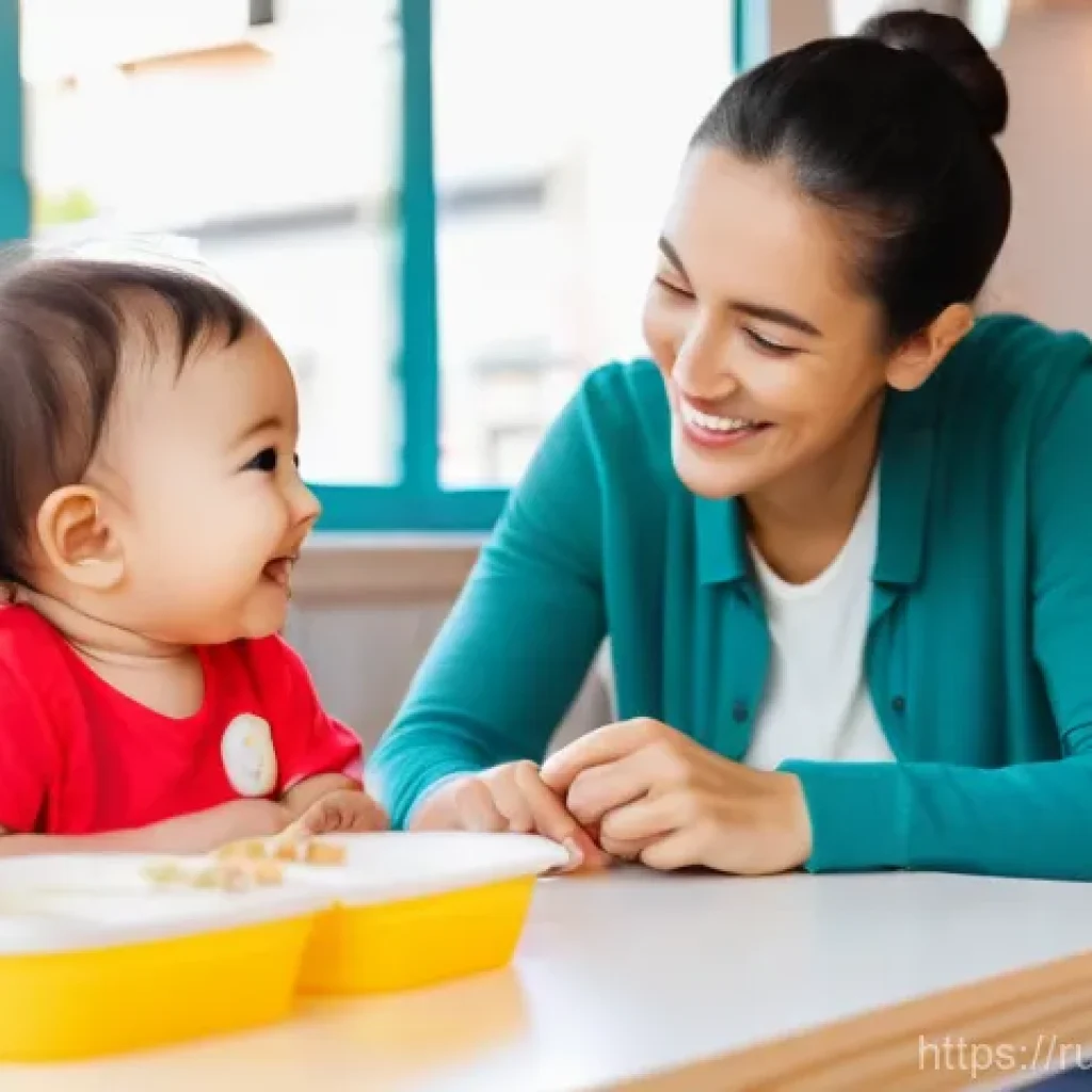 아기와 외식 꿀팁 - A smiling mother and her happy baby are enjoying a bright, family-friendly cafe. The cafe interior i...