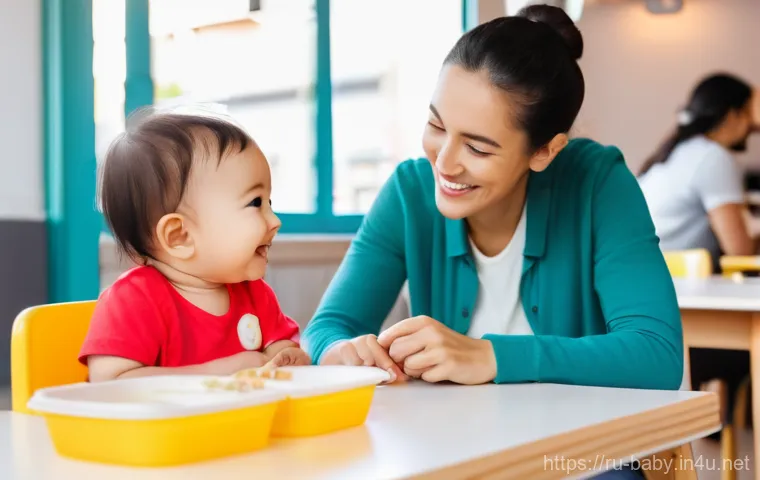 아기와 외식 꿀팁 - A smiling mother and her happy baby are enjoying a bright, family-friendly cafe. The cafe interior i...