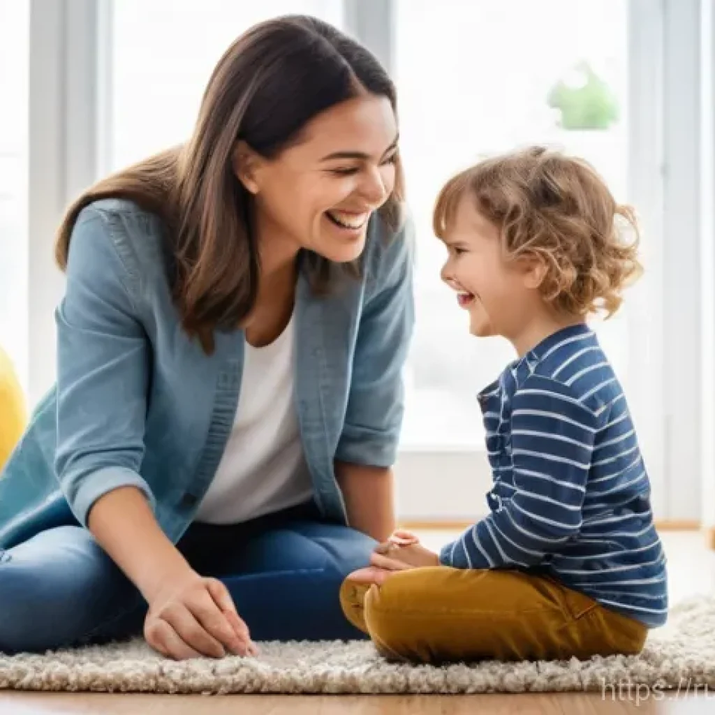 아기와 감정 조절 놀이 - **Prompt:** A brightly lit, cozy living room where a mother and her young child, approximately 4-6 y...