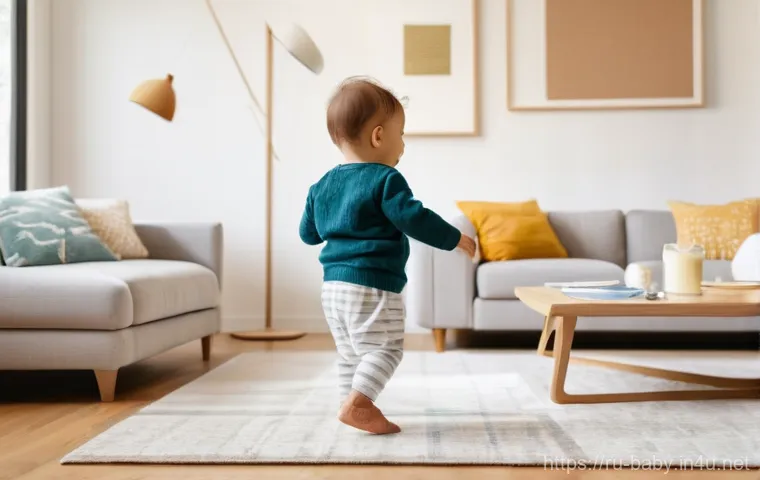 아기 첫걸음마 도와주는 방법 - **Prompt:** A cheerful baby, around 10-12 months old, wearing a clean, colorful romper, confidently ...