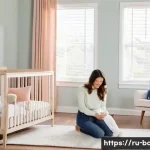 아기와 환경 적응 - **Prompt:** A heartwarming scene featuring a loving mother, in her late 20s to early 30s, gently kne...