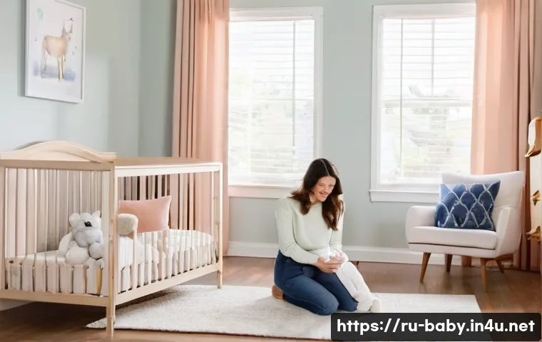 아기와 환경 적응 - **Prompt:** A heartwarming scene featuring a loving mother, in her late 20s to early 30s, gently kne...