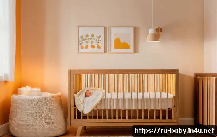 아기 잘 재우는 환경 만들기 - A cozy nursery scene featuring a sleeping baby wearing a soft cotton diaper, illuminated by a warm, ...