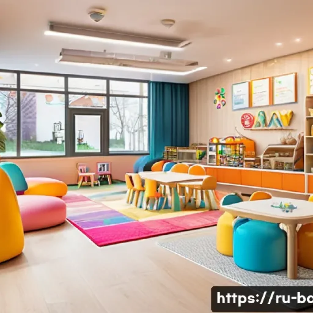키즈카페 리뷰 - A cozy kids’ cafe interior designed for Russian families, featuring soft floor mats and rounded furn...
