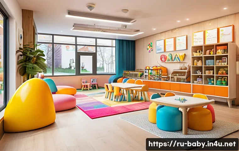 키즈카페 리뷰 - A cozy kids’ cafe interior designed for Russian families, featuring soft floor mats and rounded furn...