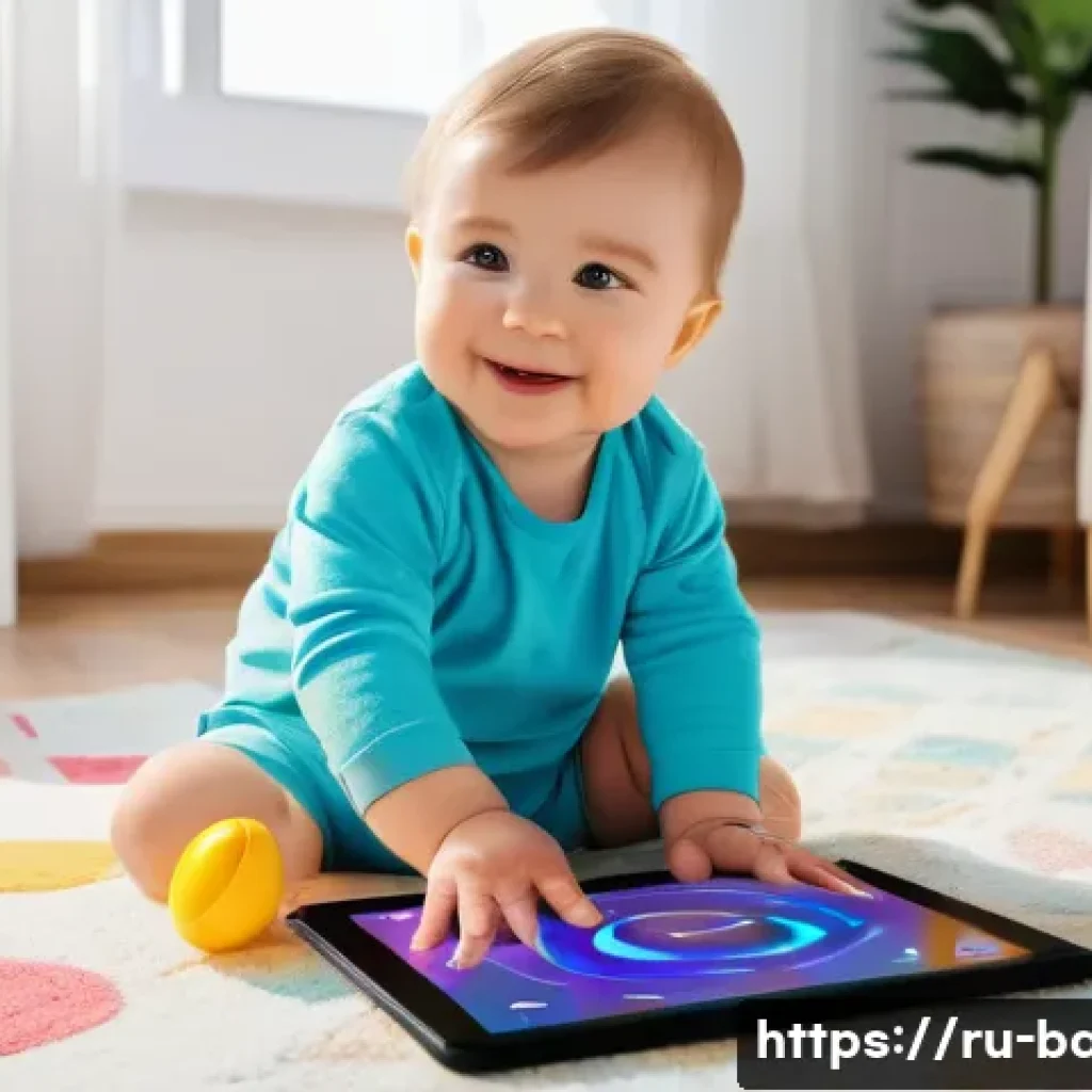아기와 미디어 사용 시간 - A cozy family living room scene featuring a Russian toddler around 18 months old wearing a colorful ...