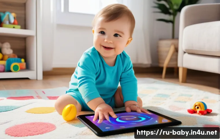 아기와 미디어 사용 시간 - A cozy family living room scene featuring a Russian toddler around 18 months old wearing a colorful ...