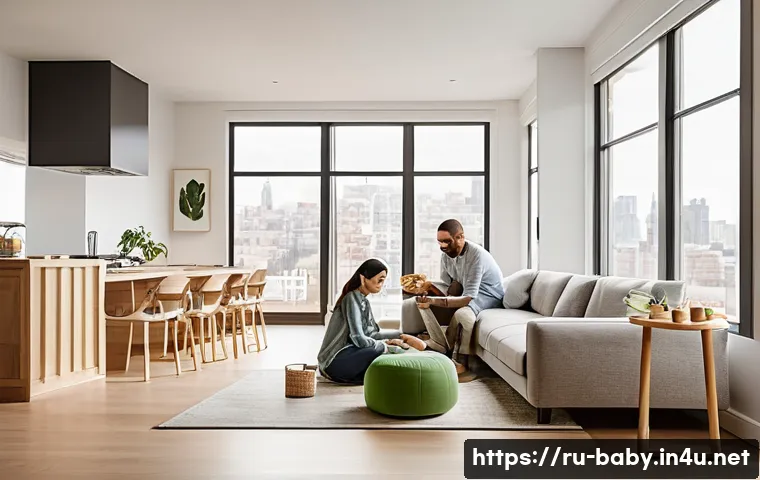 공동육아 장단점 - A modern urban family scene showing joint parenting flexibility: a mother and father sharing childca...