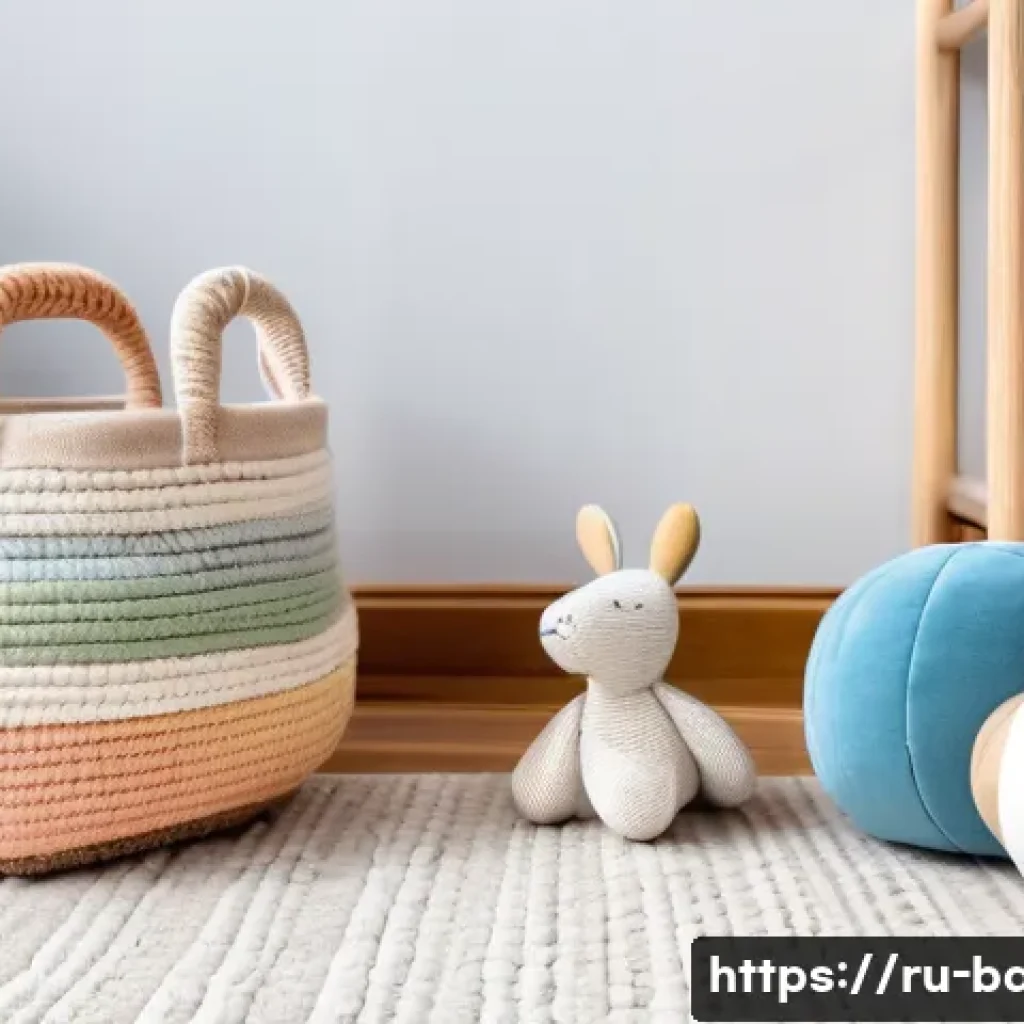 아기 놀이 교구 추천 - A cozy nursery scene featuring a set of natural wooden toys designed for infants 0-6 months old: smo...