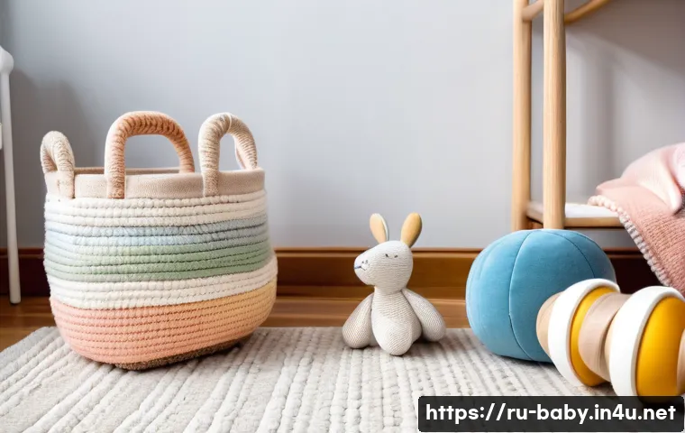 아기 놀이 교구 추천 - A cozy nursery scene featuring a set of natural wooden toys designed for infants 0-6 months old: smo...