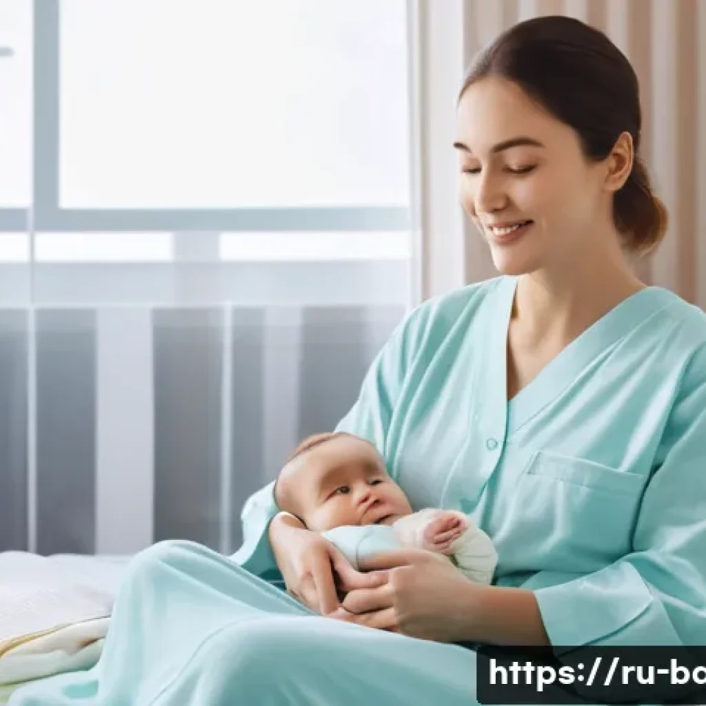 출산 가방 준비물 - A cozy hospital room scene featuring a Russian mother in a comfortable cotton nightgown with front b...