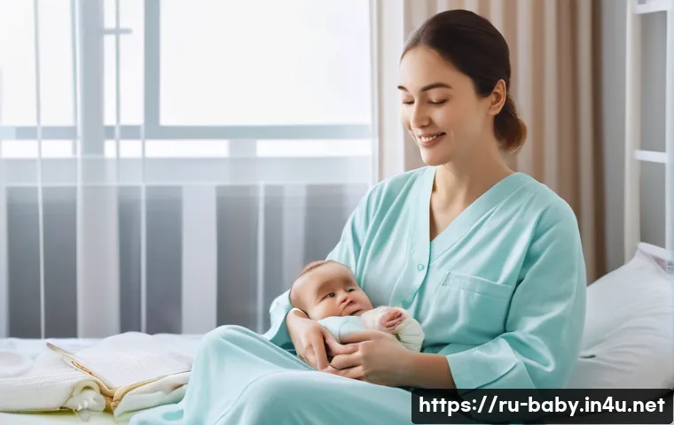 출산 가방 준비물 - A cozy hospital room scene featuring a Russian mother in a comfortable cotton nightgown with front b...