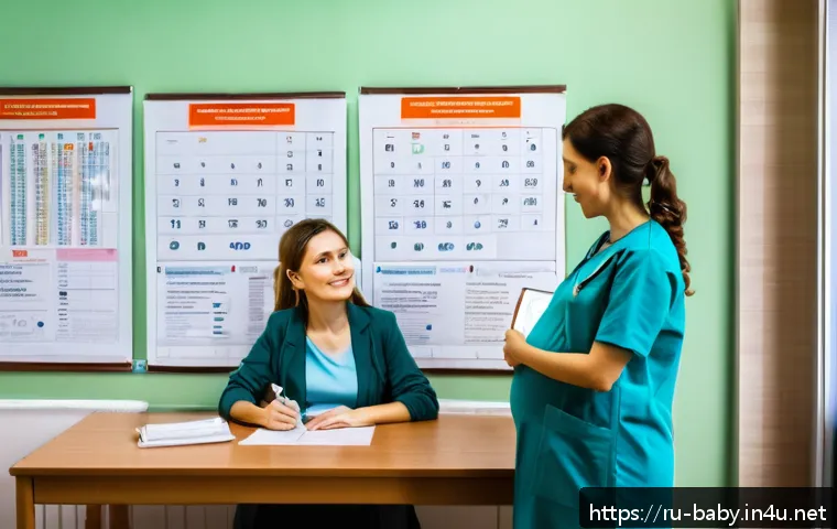 출산휴가 신청 절차 - A calm and cozy maternity clinic interior in Russia, showing a pregnant woman consulting with a fema...