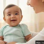 Home 22 아기와의 소통 기술 - A tender scene of a happy infant wearing a soft white diaper, smiling warmly while making eye contac...