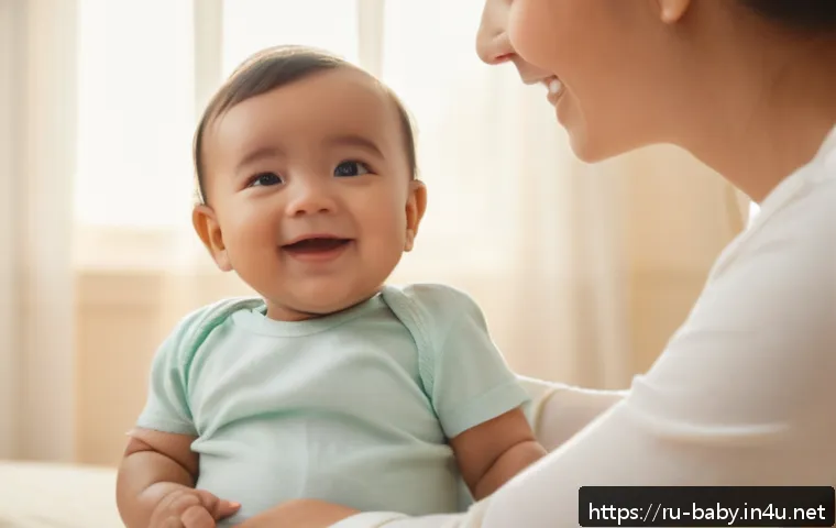 아기와의 소통 기술 - A tender scene of a happy infant wearing a soft white diaper, smiling warmly while making eye contac...