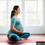 Home 20 임신부 스트레칭 방법 - A serene, softly lit room where a pregnant woman in her second trimester is gently stretching her hi...