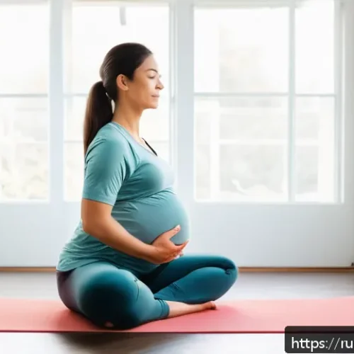 Home 32 임신부 스트레칭 방법 - A serene, softly lit room where a pregnant woman in her second trimester is gently stretching her hi...