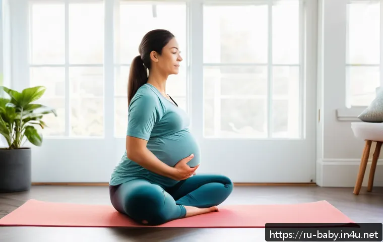 임신부 스트레칭 방법 - A serene, softly lit room where a pregnant woman in her second trimester is gently stretching her hi...