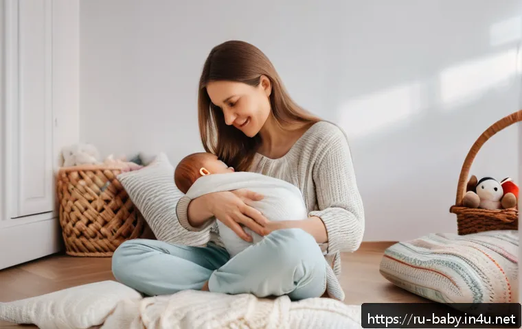 아기와 눈맞춤 대화법 - A tender moment between a Russian mother and her infant in a cozy, softly lit nursery decorated with...