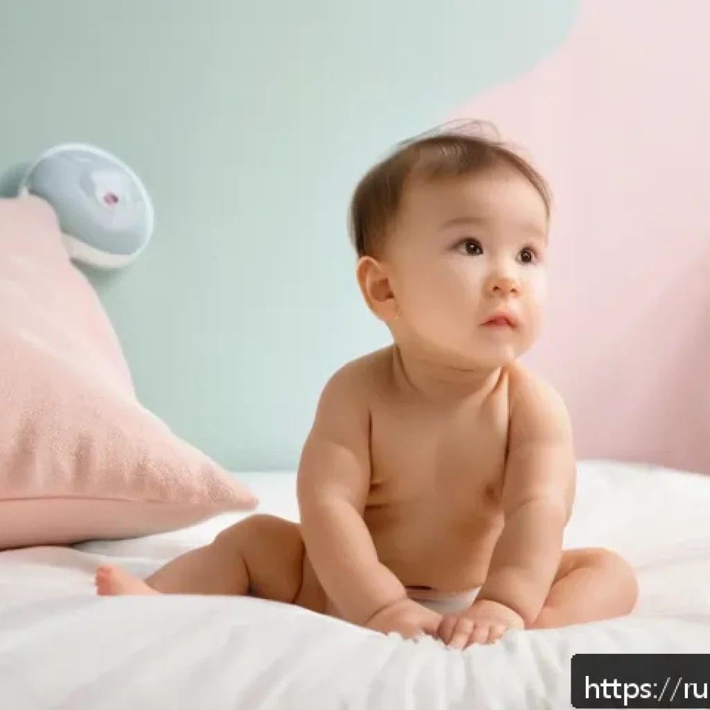 아기 비염 증상과 대처법 - A tender scene showing a young toddler wearing a diaper, sitting on a soft bed in a softly lit nurse...
