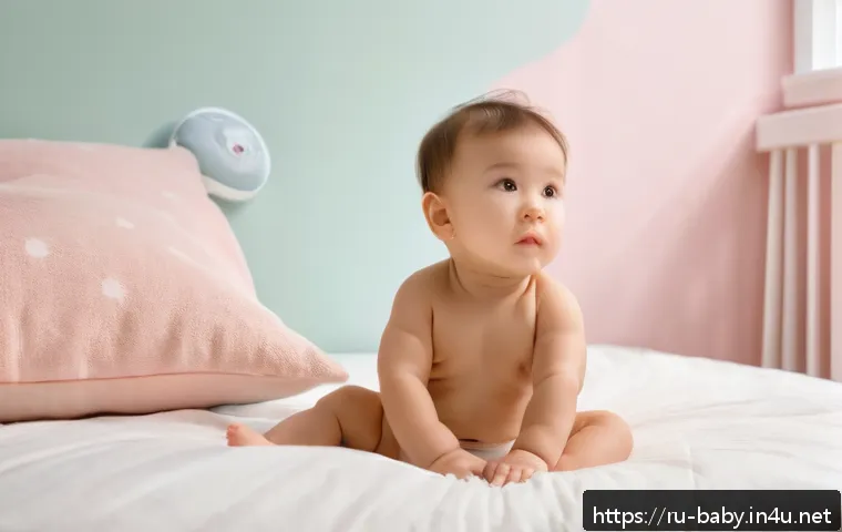 아기 비염 증상과 대처법 - A tender scene showing a young toddler wearing a diaper, sitting on a soft bed in a softly lit nurse...