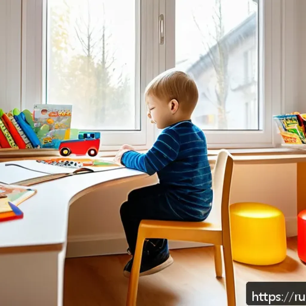 아기와 바른 자세 잡기 - A cozy, well-organized children's study and play area in a modern Russian home, featuring an adjusta...