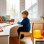 Home 23 아기와 바른 자세 잡기 - A cozy, well-organized children's study and play area in a modern Russian home, featuring an adjusta...