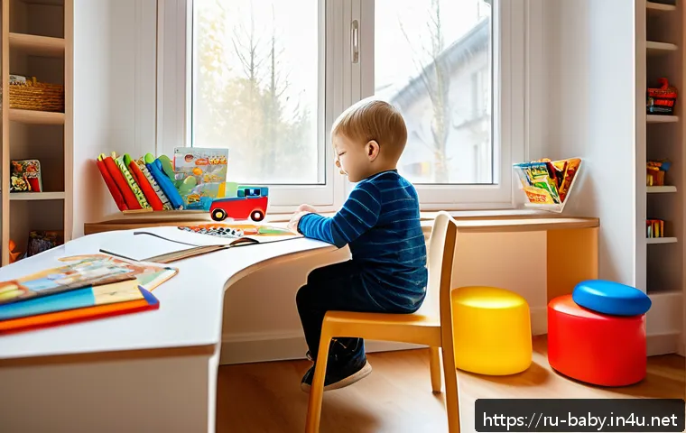 아기와 바른 자세 잡기 - A cozy, well-organized children's study and play area in a modern Russian home, featuring an adjusta...