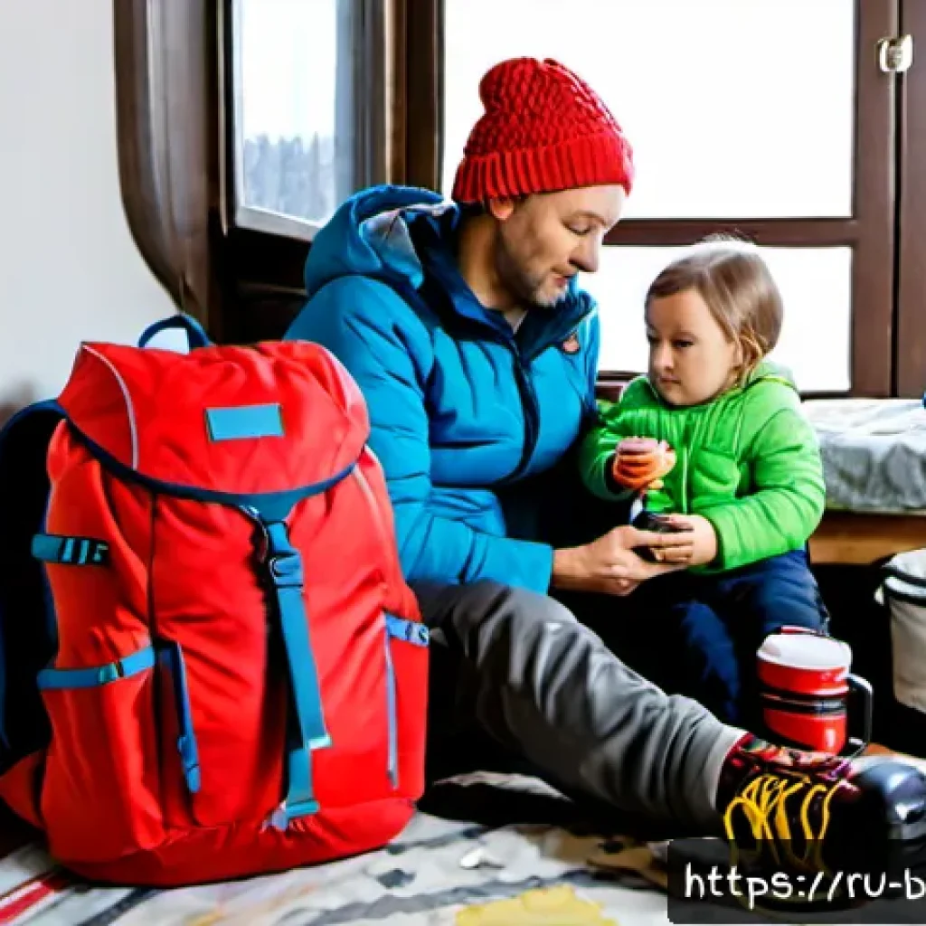 아이와 캠핑 준비물 - Photorealistic family camping preparation in a cozy Russian apartment entryway, a mother and father ...