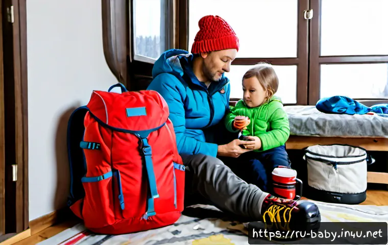 아이와 캠핑 준비물 - Photorealistic family camping preparation in a cozy Russian apartment entryway, a mother and father ...