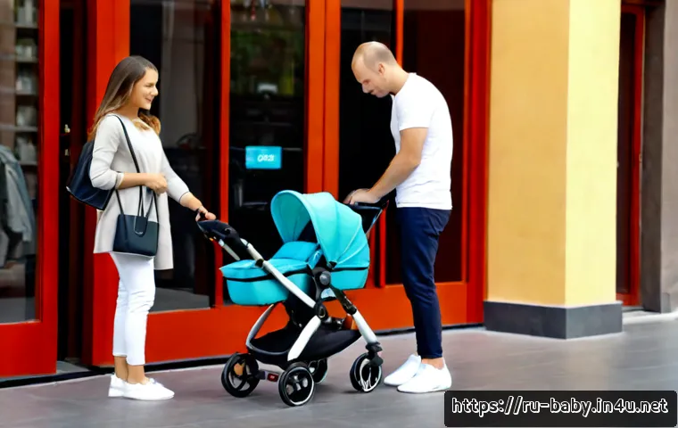 Home 17 아기 유모차 선택법 - Photorealistic bright family showroom in Russia, a parent carefully comparing two modern baby stroll...