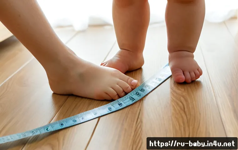 Home 17 아기 신발 사이즈 측정법 - Photorealistic close-up of a parent measuring a baby’s socked foot with a soft flexible measuring ta...