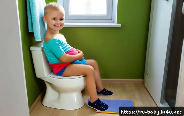배변훈련 꿀팁 - Photorealistic warm family bathroom in a modern Russian apartment, cheerful toddler wearing a colorf...