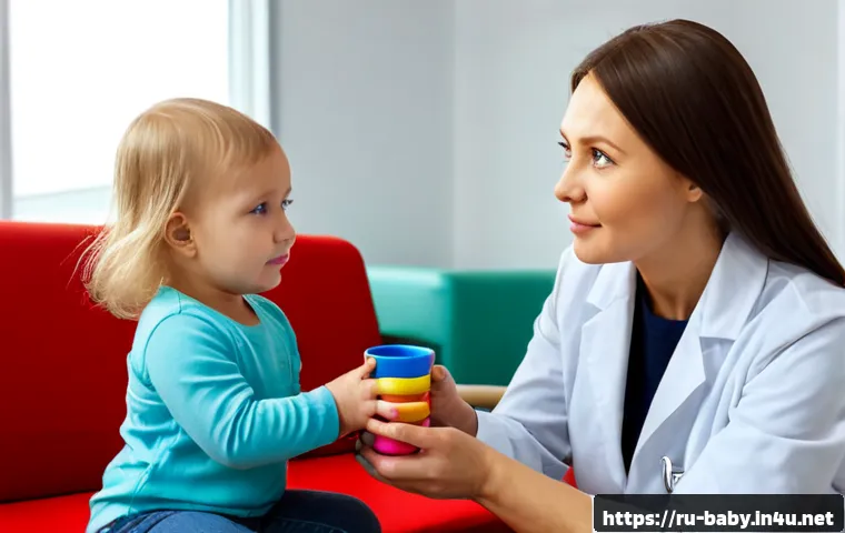 Home 17 아기 발달 지연 징후 - Photorealistic Russian family pediatric wellness visit, caring mother in modest casual clothing seat...